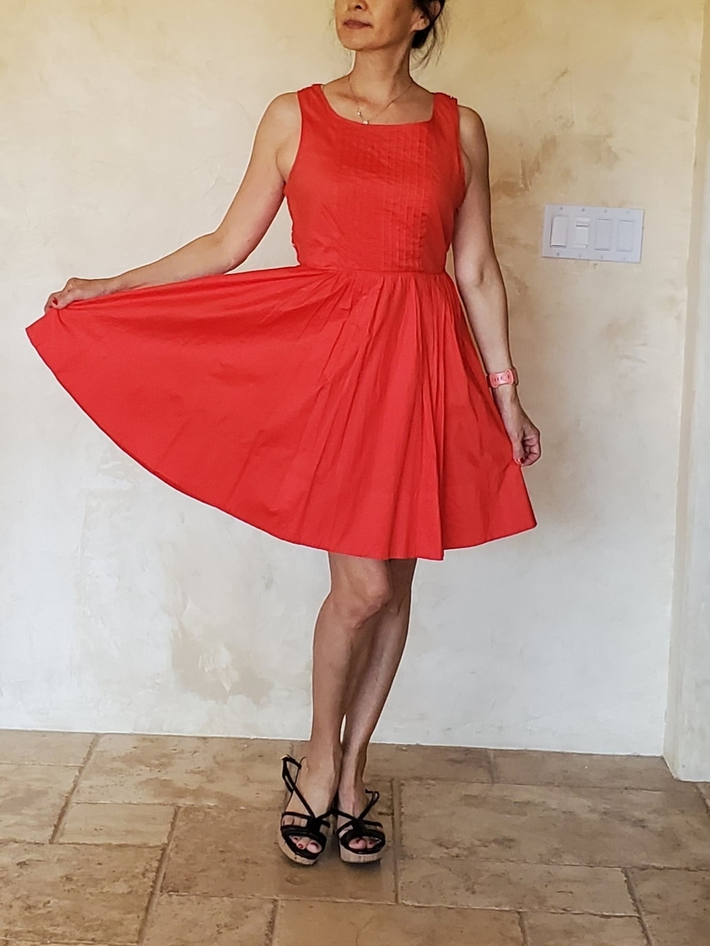 Moulinette Soeurs Vibrant Coral-Red Sleeveless Fit & Flare Mini Dress